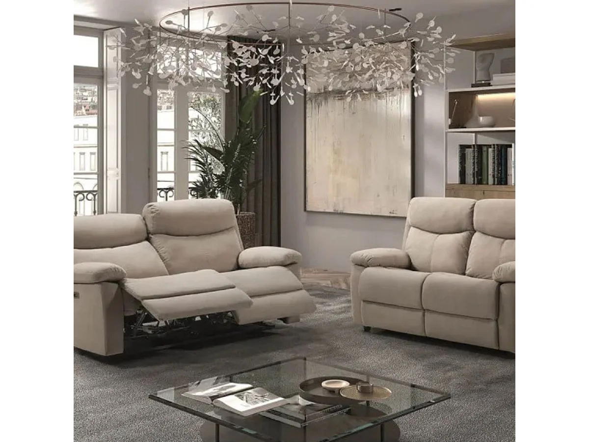 TARIFA - Ensemble 2 Canapés Fixe 2 Places et Relax Manuel Tissu Beige