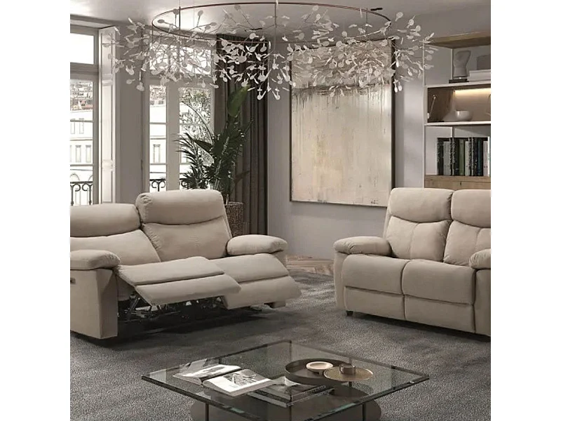 TARIFA - Ensemble 2 Canapés Fixe 2 Places et Relax Electrique Tissu Beige