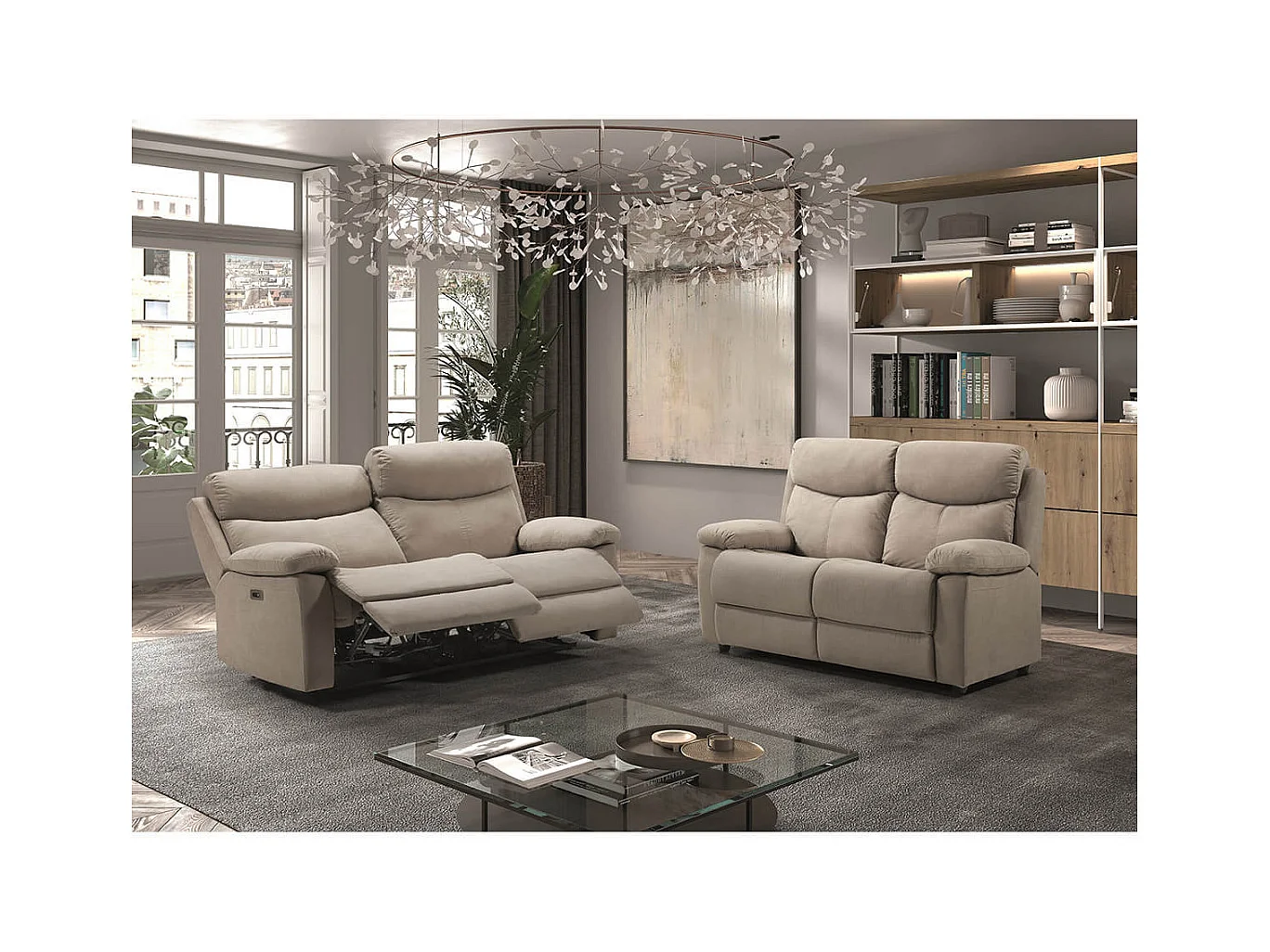 TARIFA - Ensemble 2 Canapés Fixe 2 Places et Relax Electrique Tissu Beige