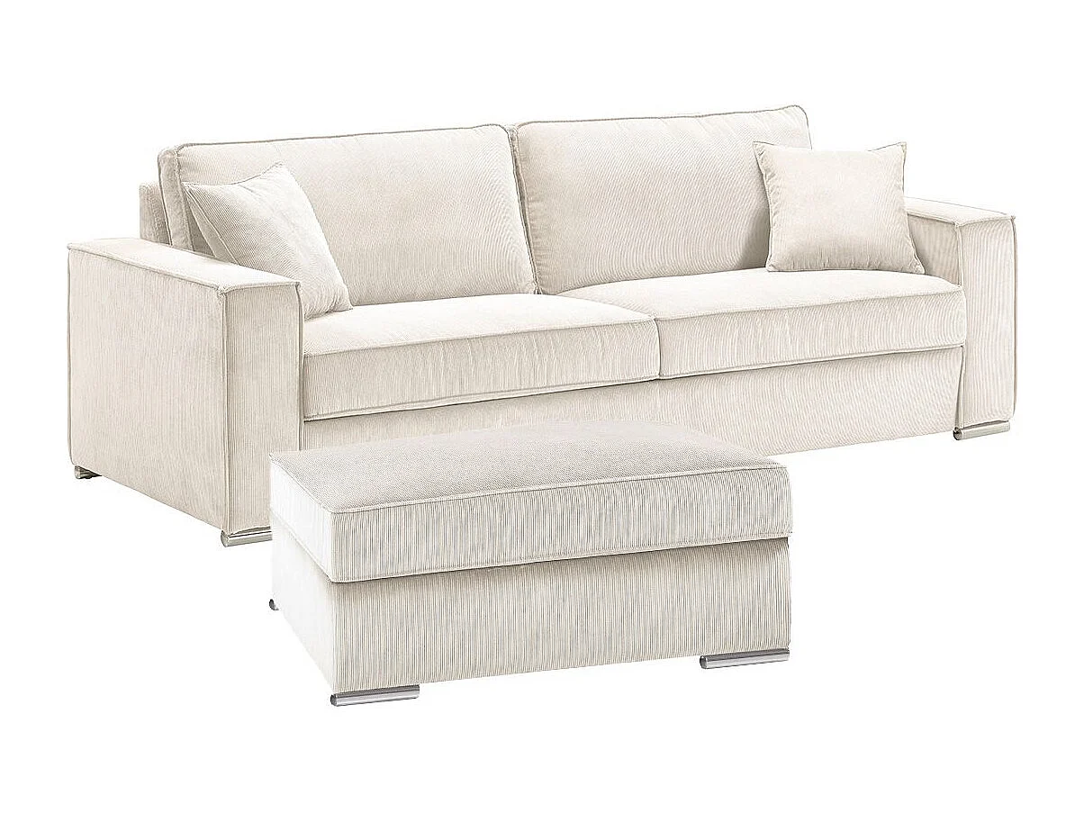 SORIAN - Canapé fixe 4 Places Velours Côtelé + Pouf Blanc