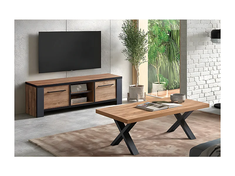 ETIENNE - Ensemble Salon Meuble TV et Table Basse Aspect Bois Piètement X Métal Noir