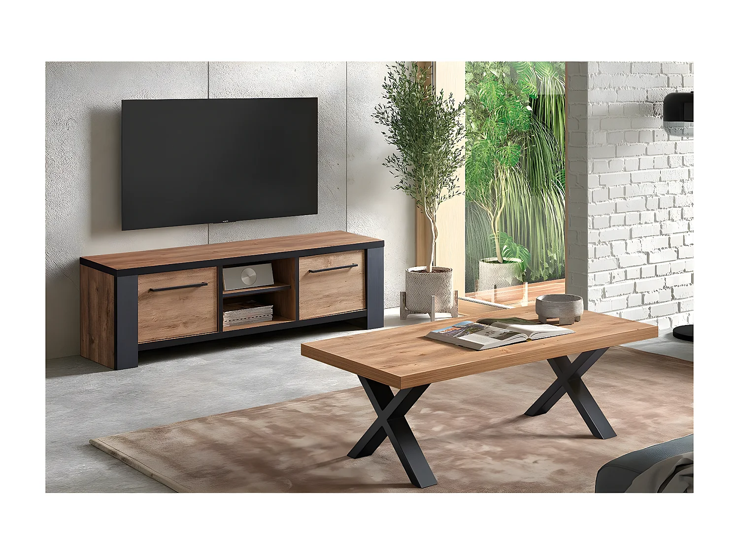 ETIENNE - Ensemble Salon Meuble TV et Table Basse Aspect Bois Piètement X Métal Noir