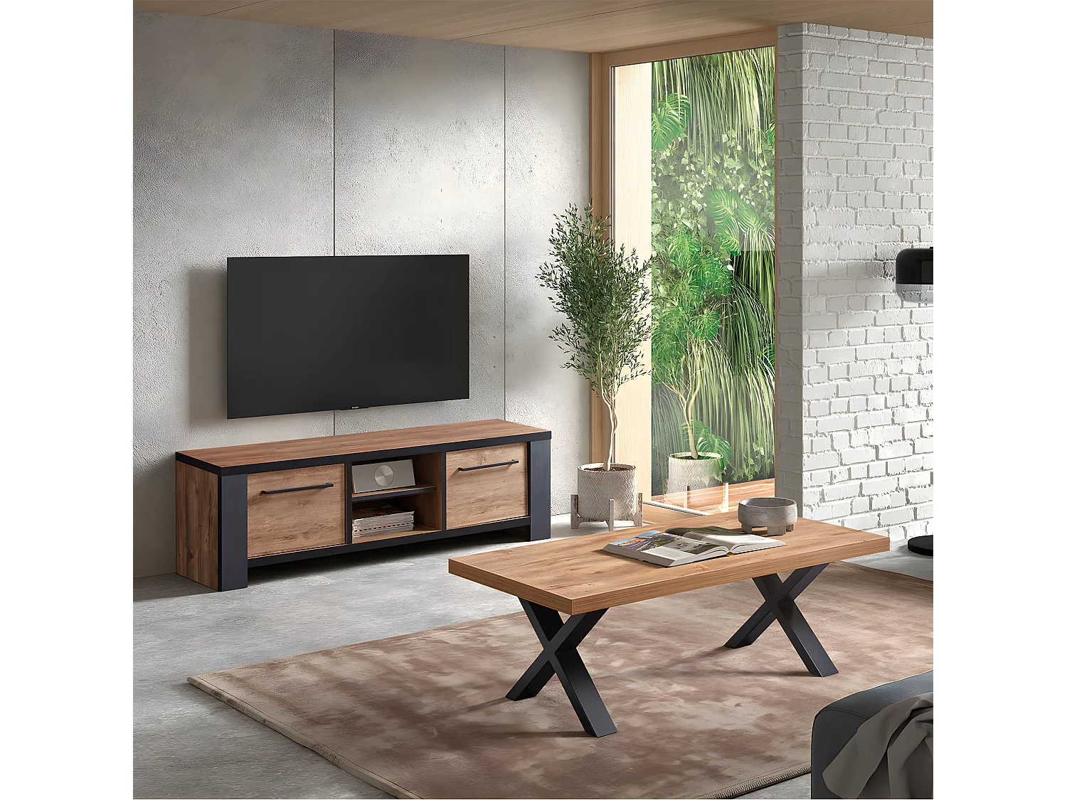 ETIENNE - Ensemble Salon Meuble TV et Table Basse Aspect Bois Piètement X Métal Noir