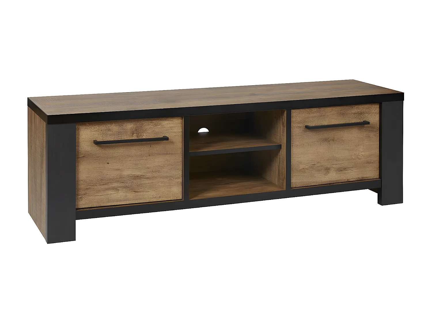 ETIENNE - Ensemble Salon Meuble TV et Table Basse Aspect Bois Piètement X Métal Noir