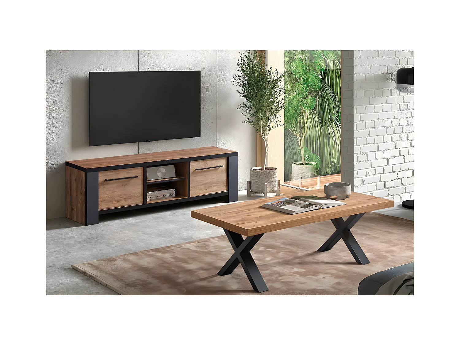 ETIENNE - Ensemble Salon Meuble TV et Table Basse Aspect Bois Piètement X Métal Noir