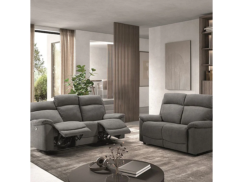 HUESCA - Ensemble Canapés Fixe 2P et Relax Electrique 3P Tissu Gris