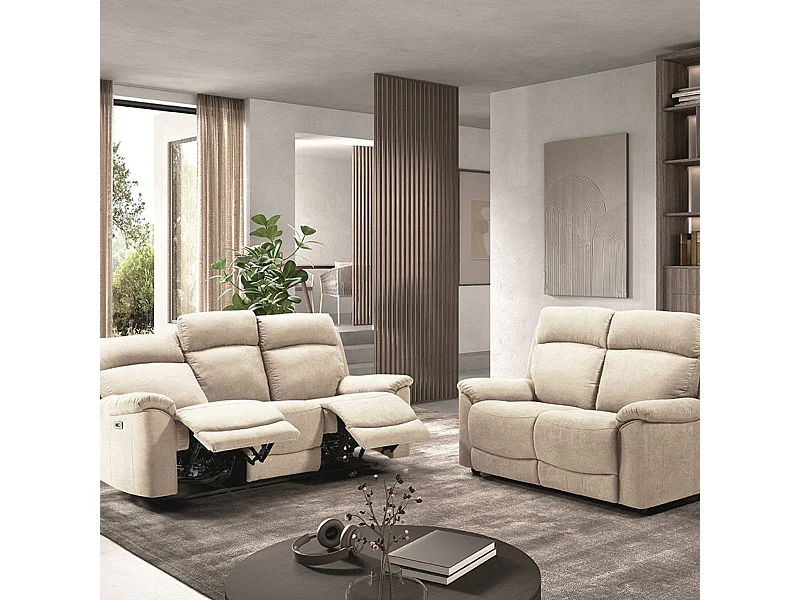 HUESCA - Ensemble 2 Canapés Fixe 2 Places et Relax Electrique Tissu Ivoire