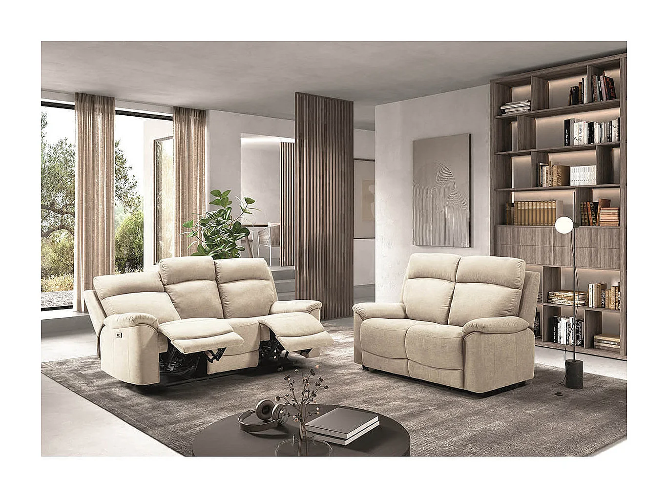 HUESCA - Ensemble Canapés Fixe 2P et Relax Electrique 3P Tissu Ivoire
