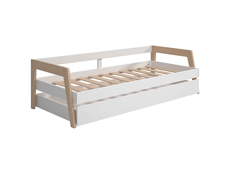 HOARA - Lit Banquette 90x200cm avec Tiroir en MDF et Pin Coloris Blanc et Naturel