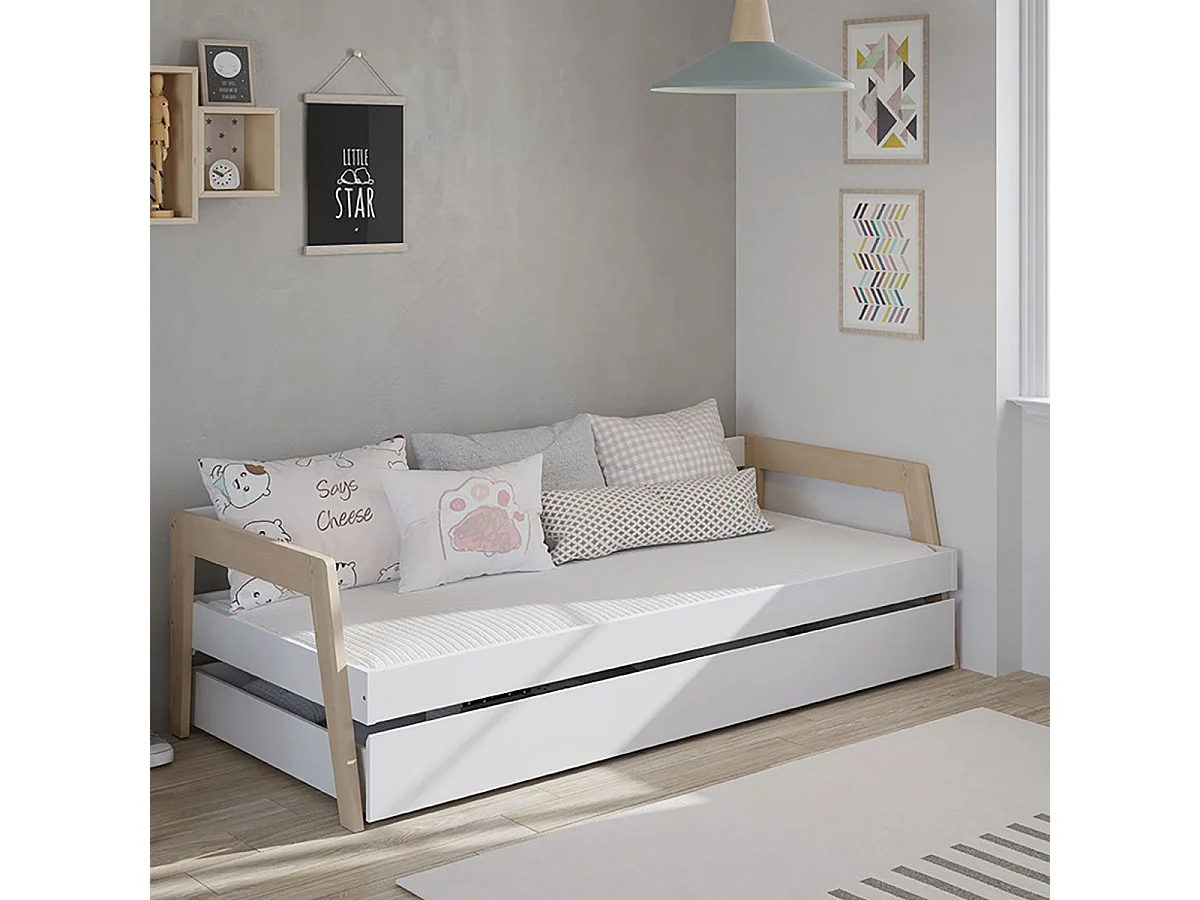 HOARA - Lit Banquette 90x200cm avec Tiroir en MDF et Pin Coloris Blanc et Naturel