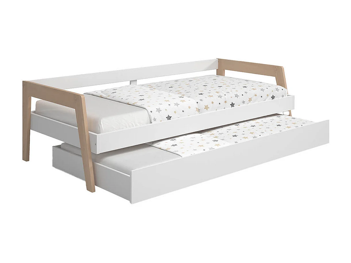 HOARA - Lit Banquette 90x200cm avec Tiroir en MDF et Pin Coloris Blanc et Naturel