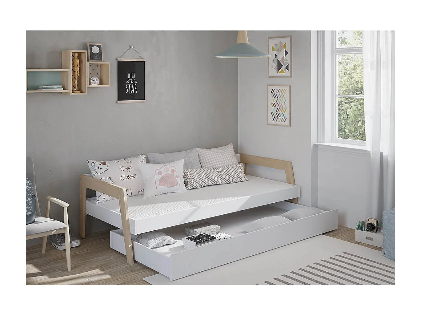 HOARA - Lit Banquette 90x200cm avec Tiroir en MDF et Pin Coloris Blanc et Naturel