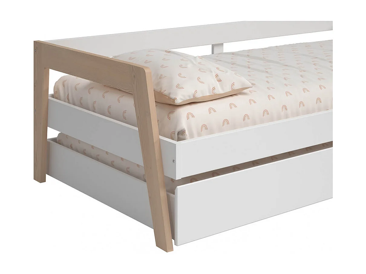 HOARA - Lit Banquette 90x200cm avec Tiroir en MDF et Pin Coloris Blanc et Naturel