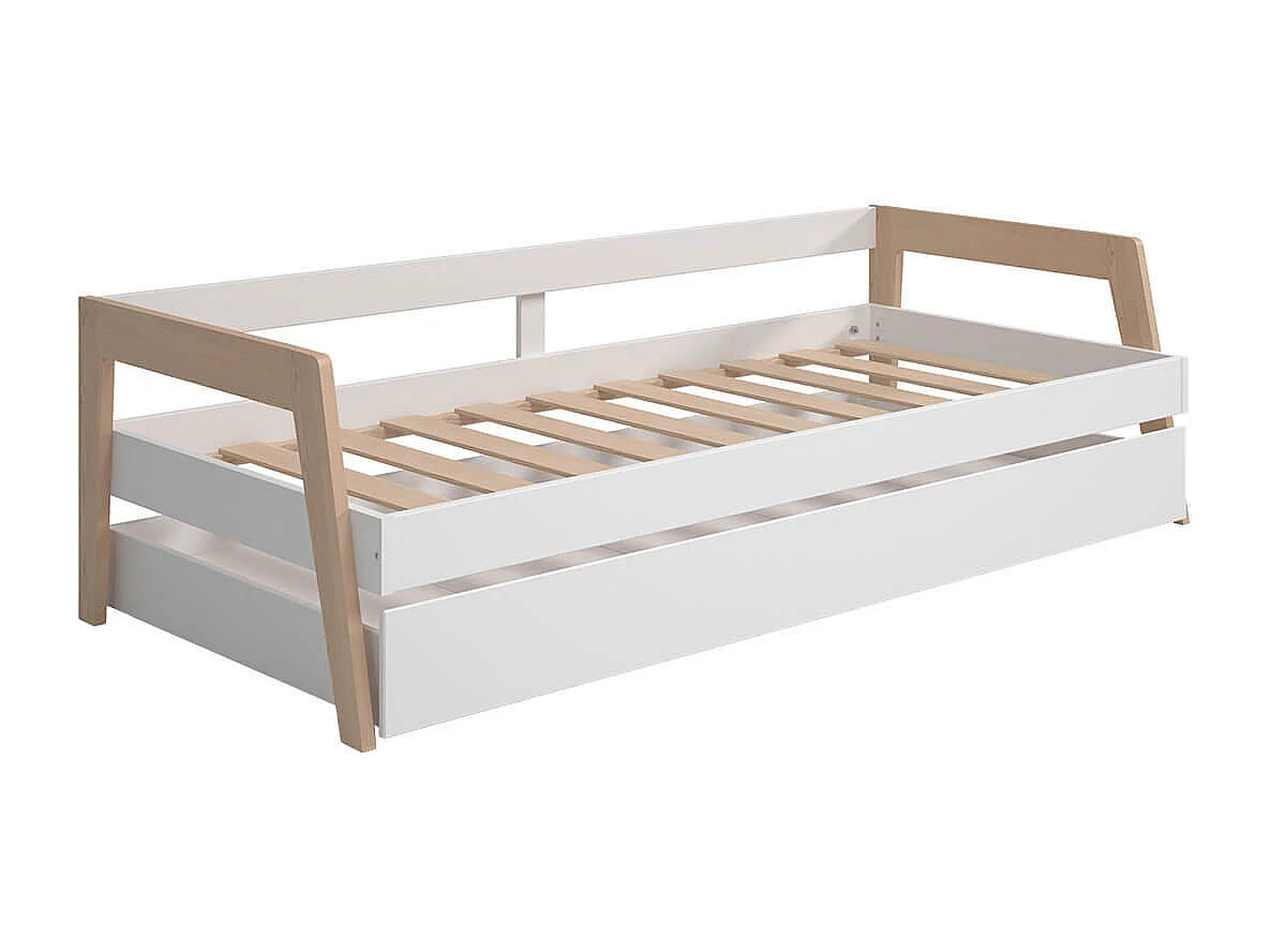 HOARA - Lit Banquette 90x200cm avec Tiroir en MDF et Pin Coloris Blanc et Naturel