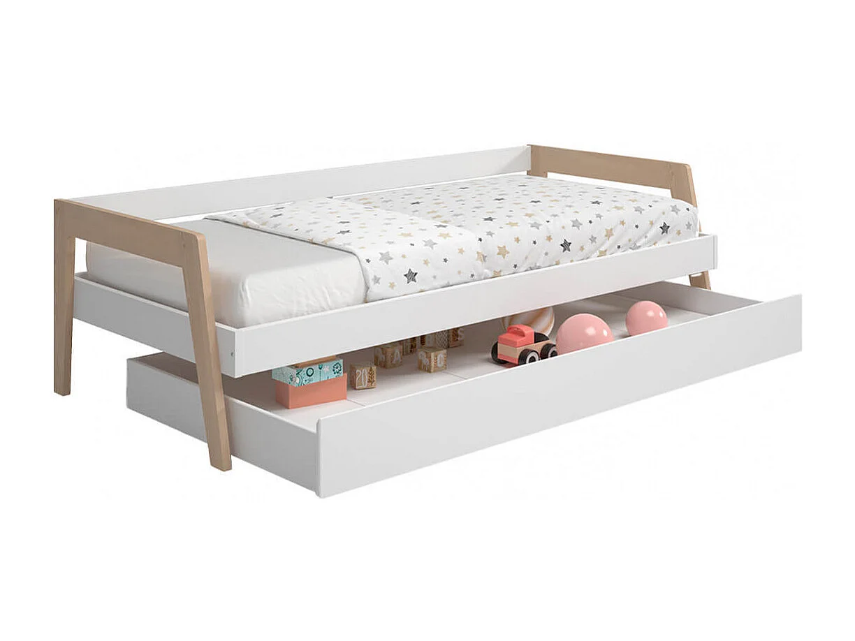 HOARA - Lit Banquette 90x200cm avec Tiroir en MDF et Pin Coloris Blanc et Naturel