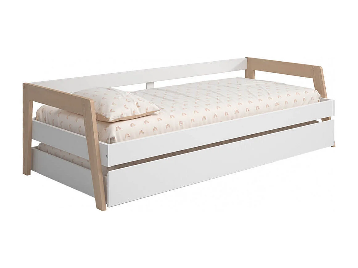 HOARA - Lit Banquette 90x200cm avec Tiroir en MDF et Pin Coloris Blanc et Naturel