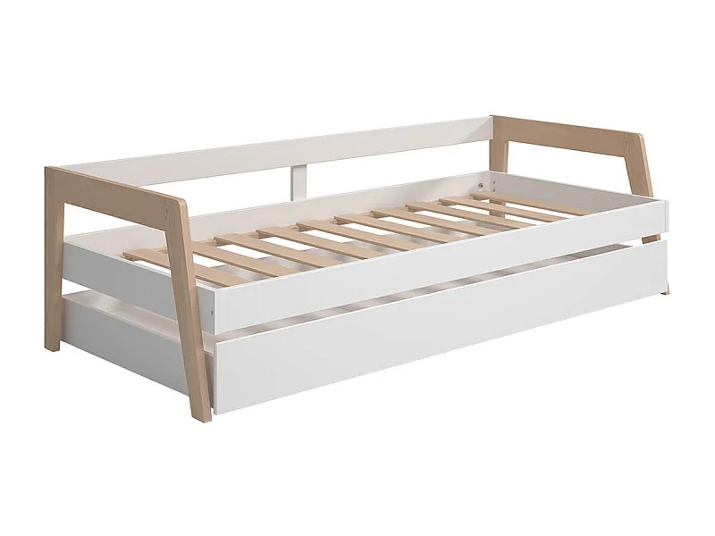 HOARA - Lit Banquette 90x200cm avec Tiroir en MDF et Pin Coloris Blanc et Naturel