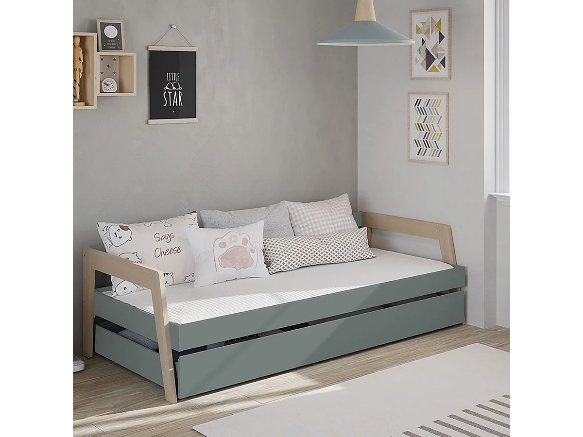 HOARA - Lit Banquette 90x200cm avec Tiroir en MDF et Pin Coloris Gris Vert et Naturel