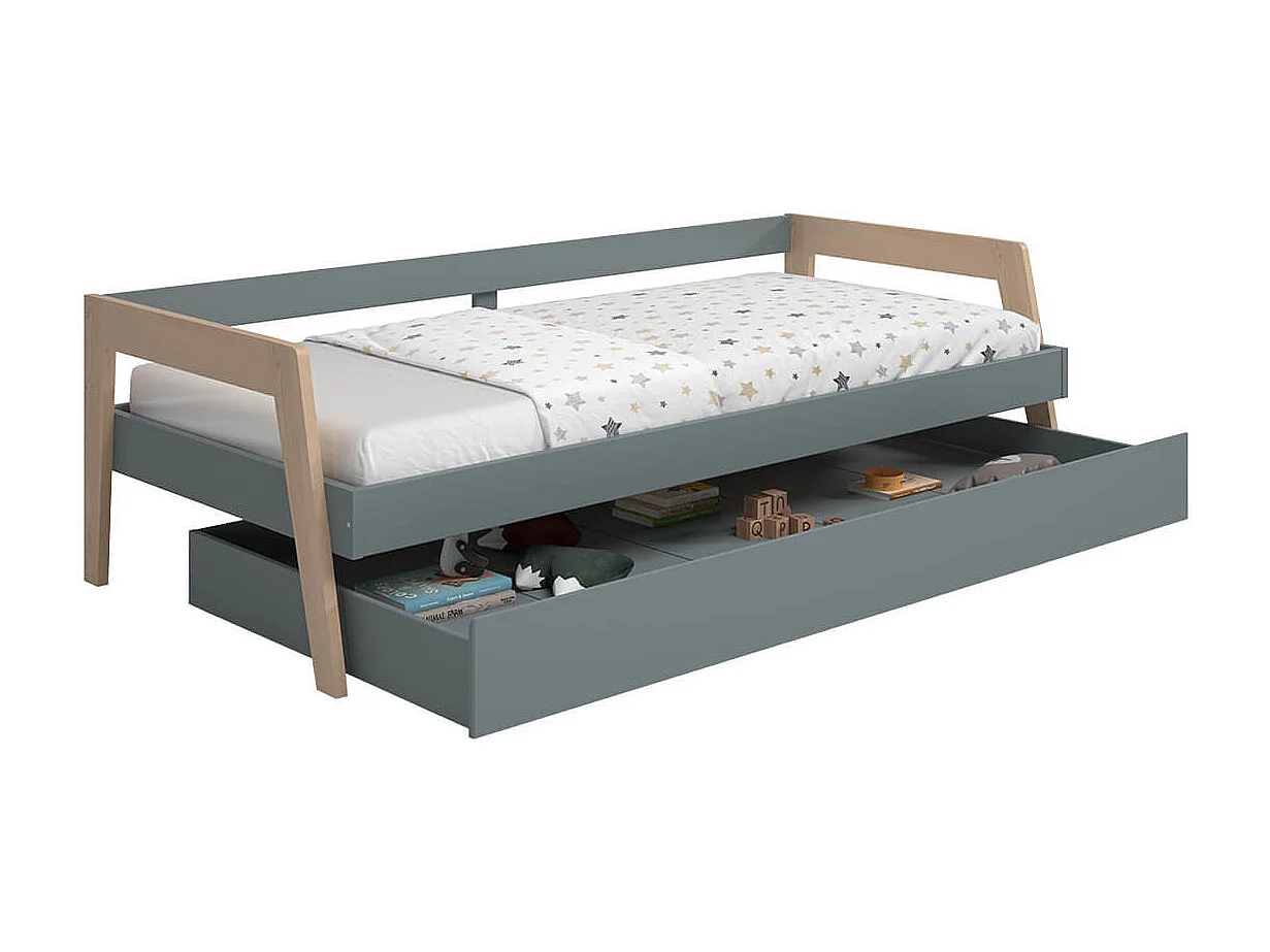 HOARA - Lit Banquette 90x200cm avec Tiroir en MDF et Pin Coloris Gris Vert et Naturel