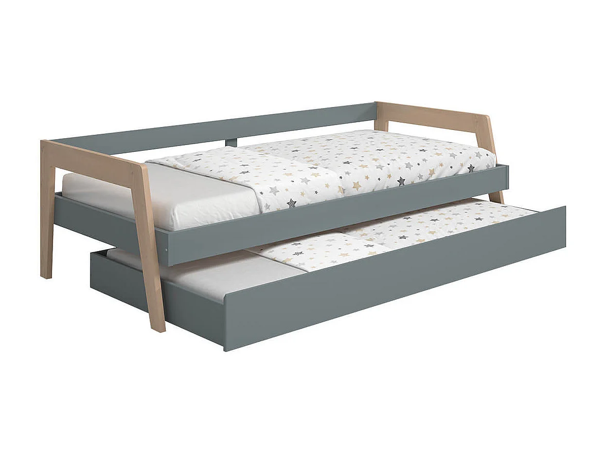 HOARA - Lit Banquette 90x200cm avec Tiroir en MDF et Pin Coloris Gris Vert et Naturel