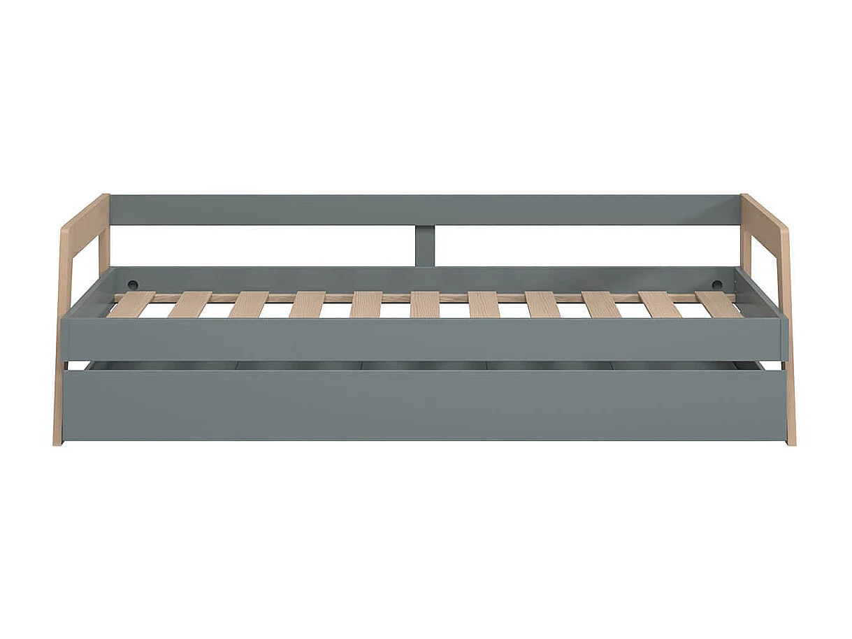 HOARA - Lit Banquette 90x200cm avec Tiroir en MDF et Pin Coloris Gris Vert et Naturel