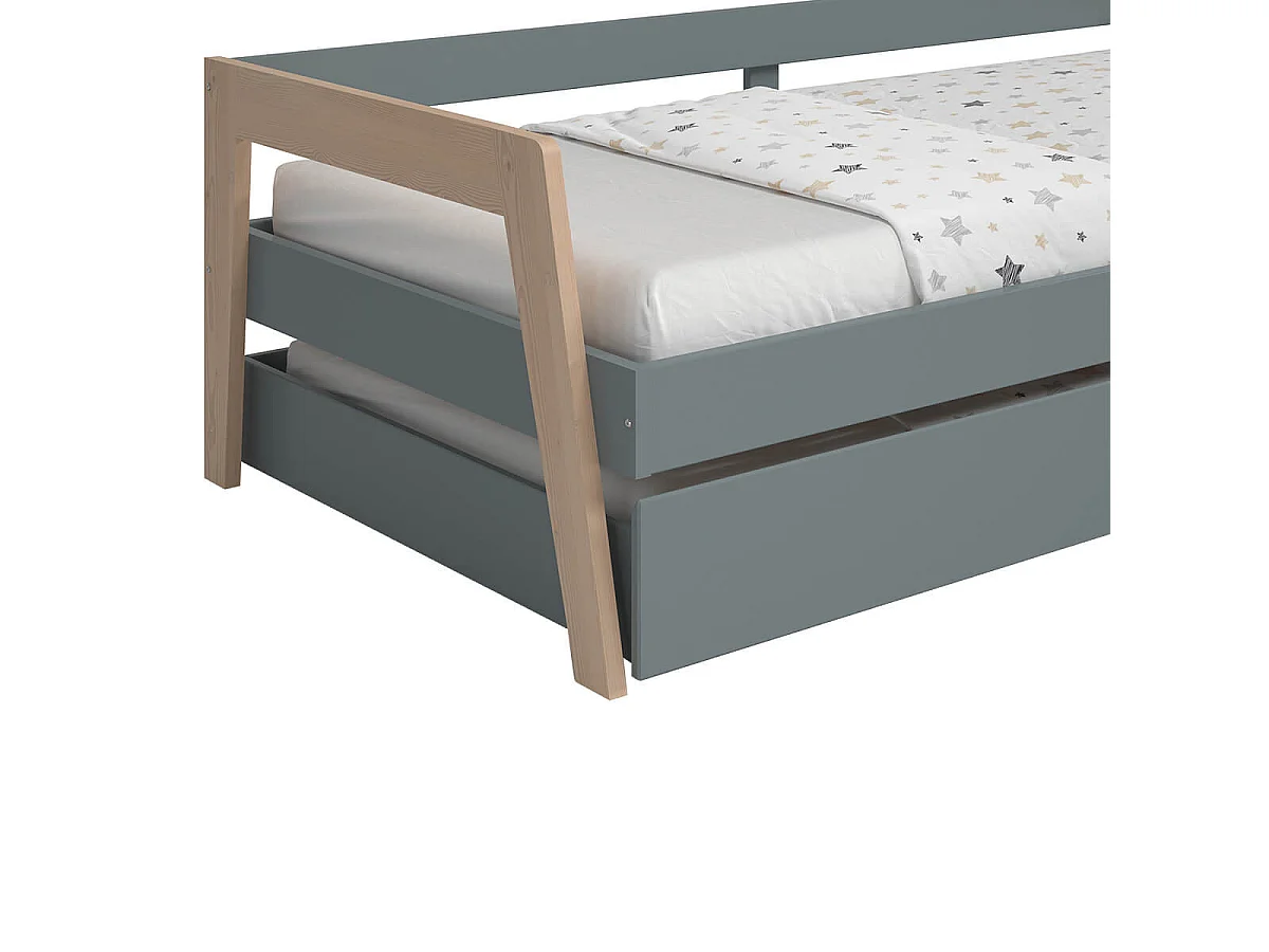 HOARA - Lit Banquette 90x200cm avec Tiroir en MDF et Pin Coloris Gris Vert et Naturel