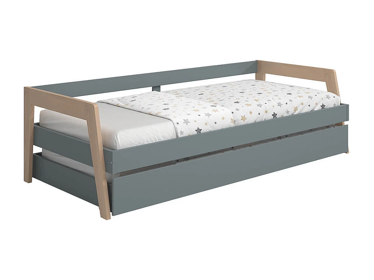 HOARA - Lit Banquette 90x200cm avec Tiroir en MDF et Pin Coloris Gris Vert et Naturel