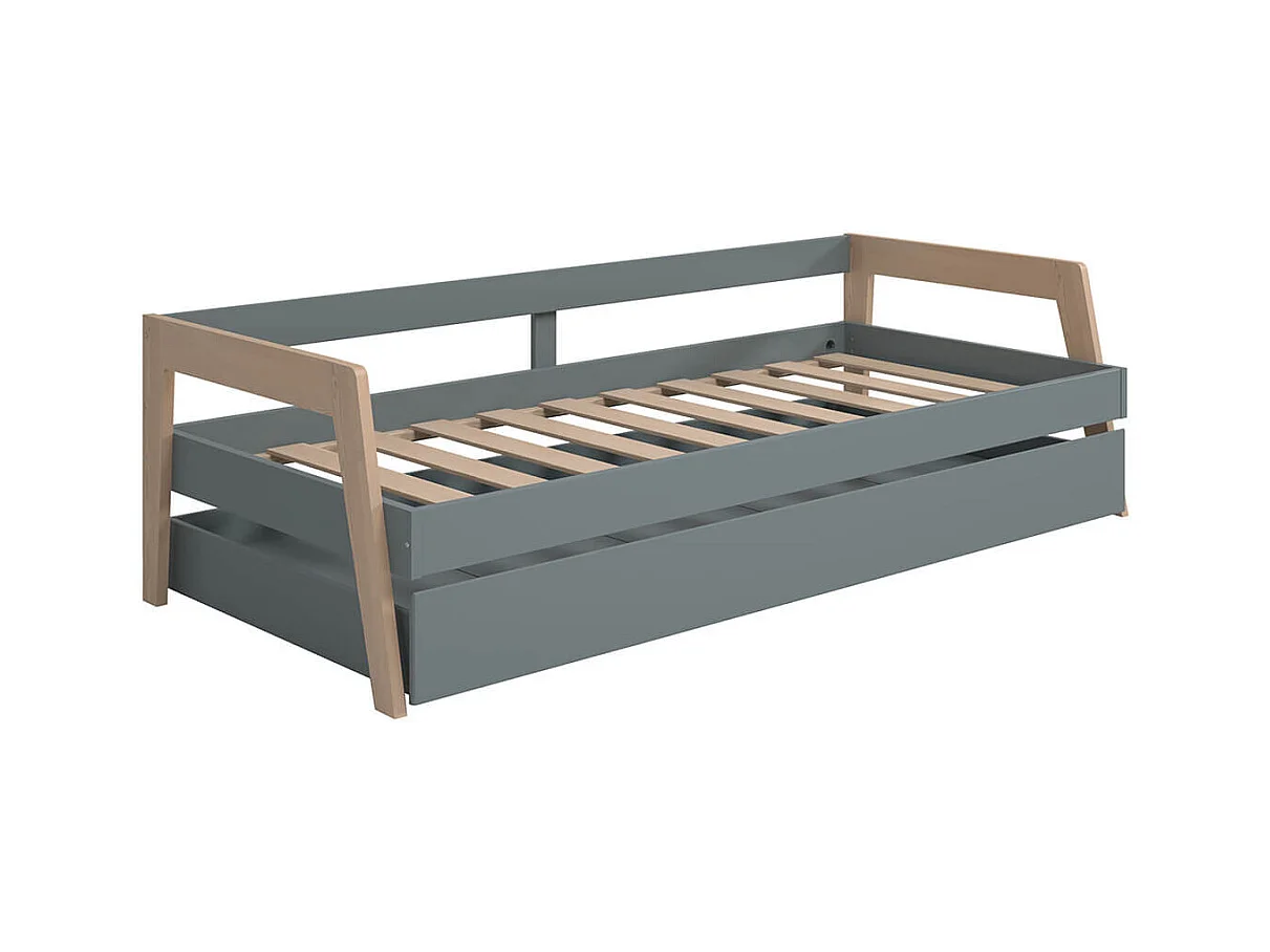 HOARA - Lit Banquette 90x200cm avec Tiroir en MDF et Pin Coloris Gris Vert et Naturel