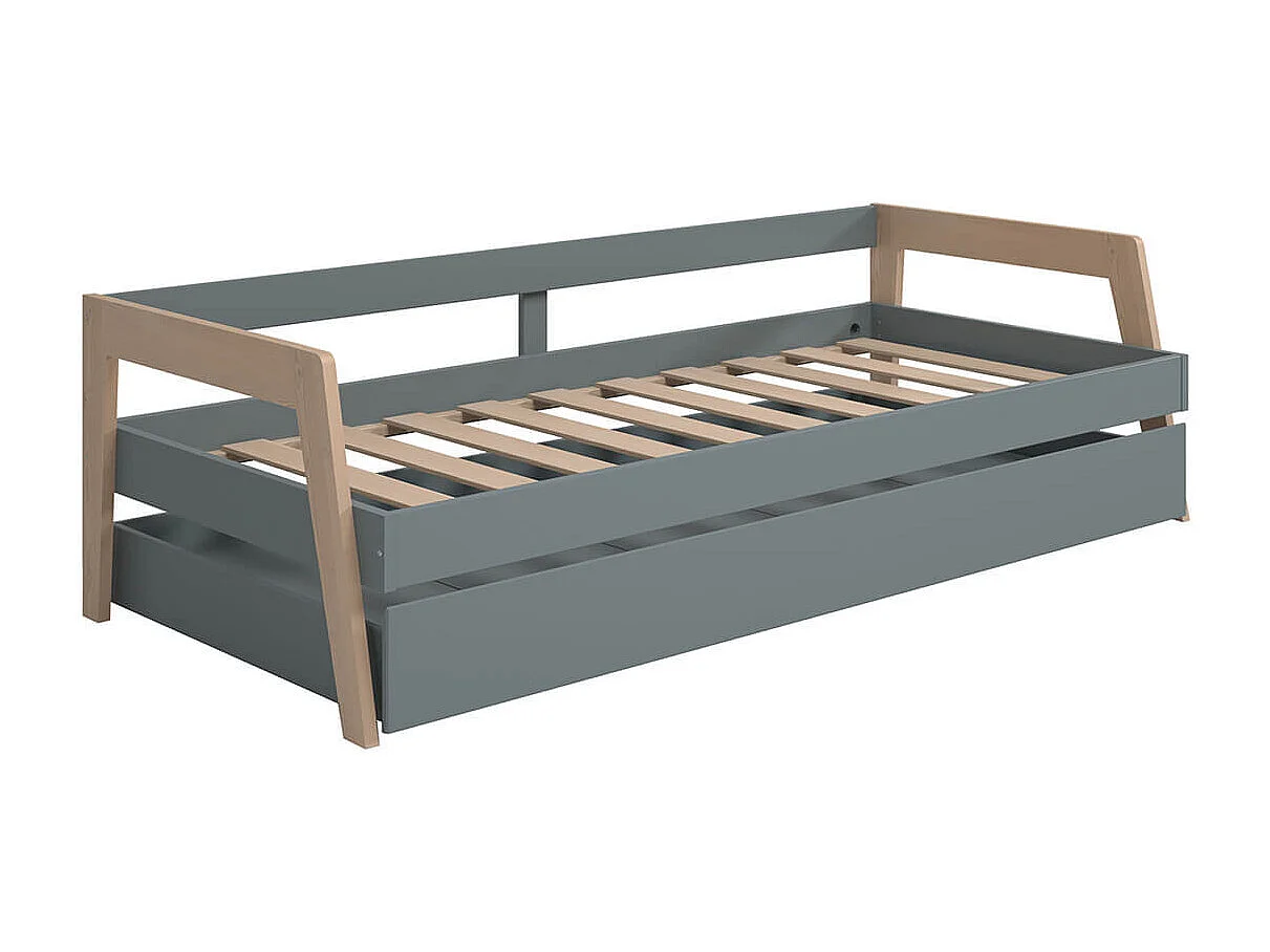 HOARA - Lit Banquette 90x200cm avec Tiroir en MDF et Pin Coloris Gris Vert et Naturel