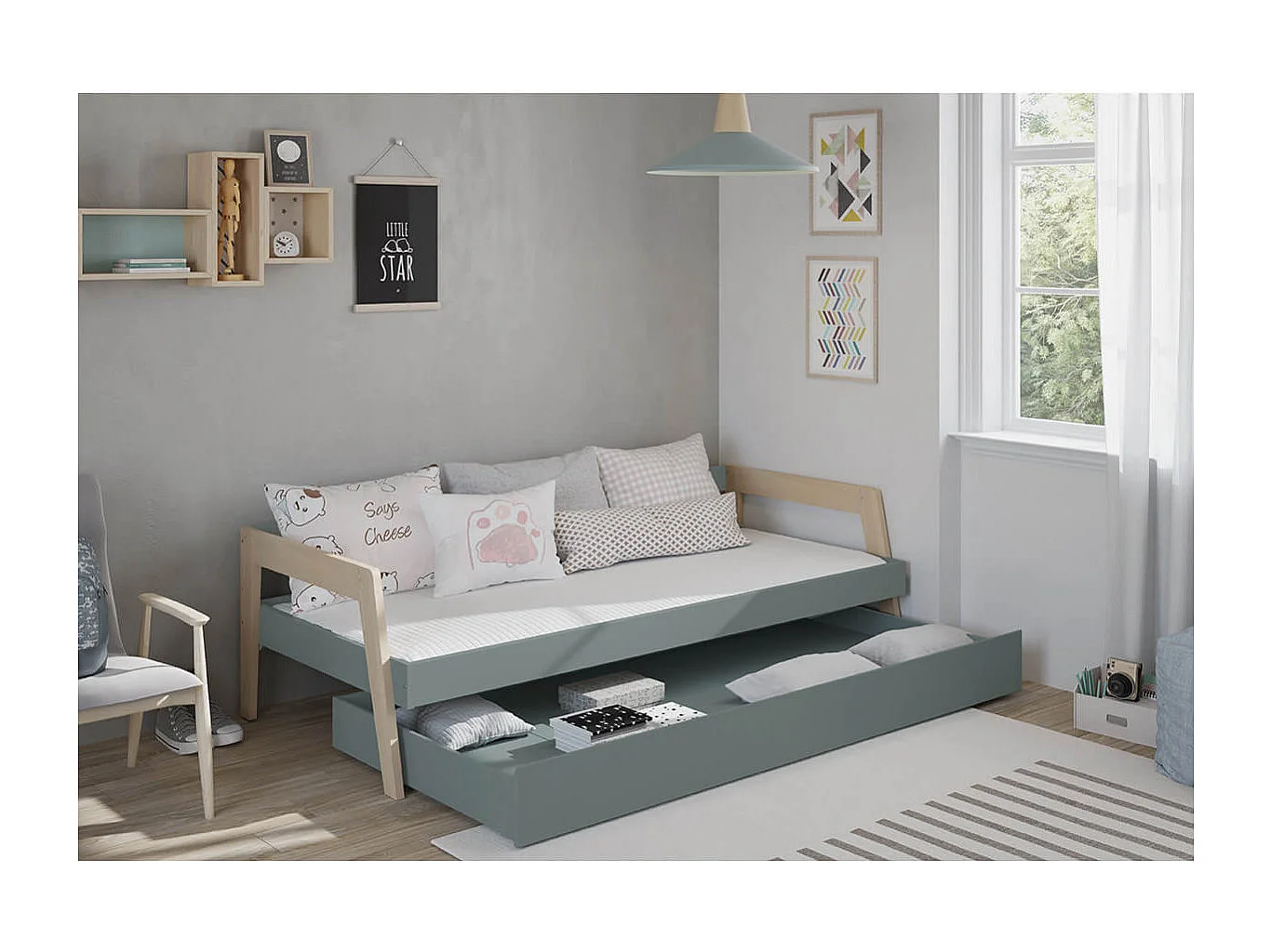 HOARA - Lit Banquette 90x200cm avec Tiroir en MDF et Pin Coloris Gris Vert et Naturel