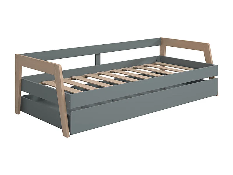 HOARA - Lit Banquette 90x200cm avec Tiroir en MDF et Pin Coloris Gris Vert et Naturel