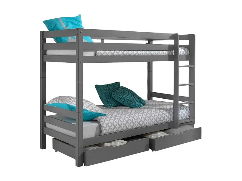 SLEEPY - Lit Superposé H160 Laqué Gris 90x200cm avec 2 Tiroirs