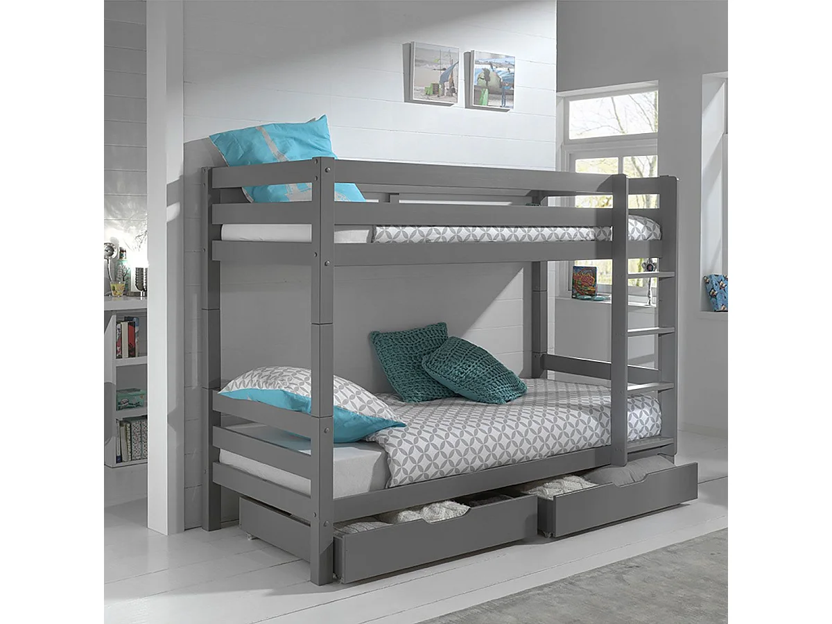 SLEEPY - Lit Superposé H160 Laqué Gris 90x200cm avec 2 Tiroirs