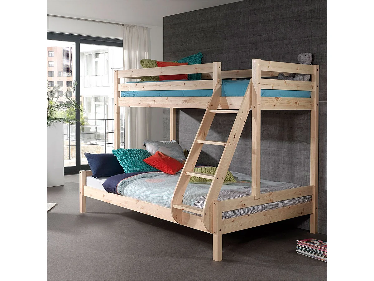 SLEEPY - Lit Superposé en Pin Naturel Couchages 140x200cm et 90x200cm