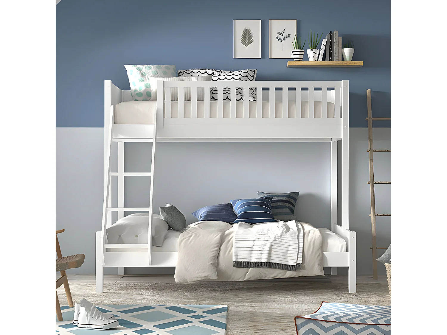 VIVIEN - Lit Superposé en Pin Laqué Blanc Couchages 140x200cm et 90x200cm