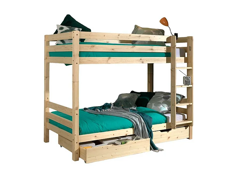 SLEEPY - Lit Superposé H160 en Pin Naturel 90x200cm avec 2 Tiroirs