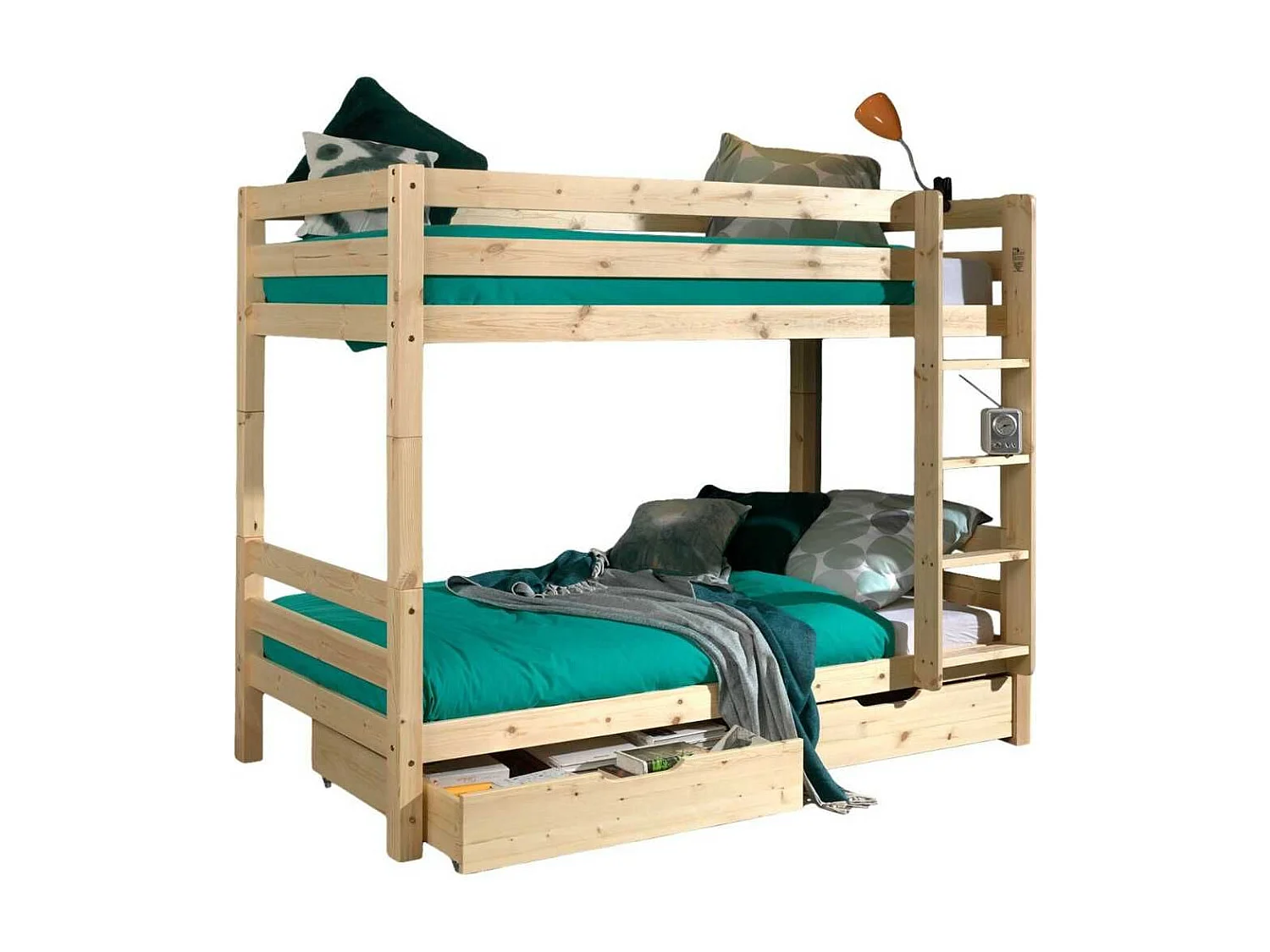 SLEEPY - Lit Superposé H160 en Pin Naturel 90x200cm avec 2 Tiroirs