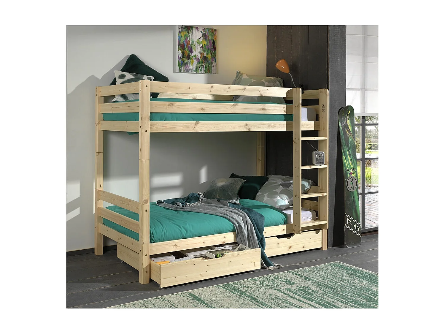 SLEEPY - Lit Superposé H160 en Pin Naturel 90x200cm avec 2 Tiroirs