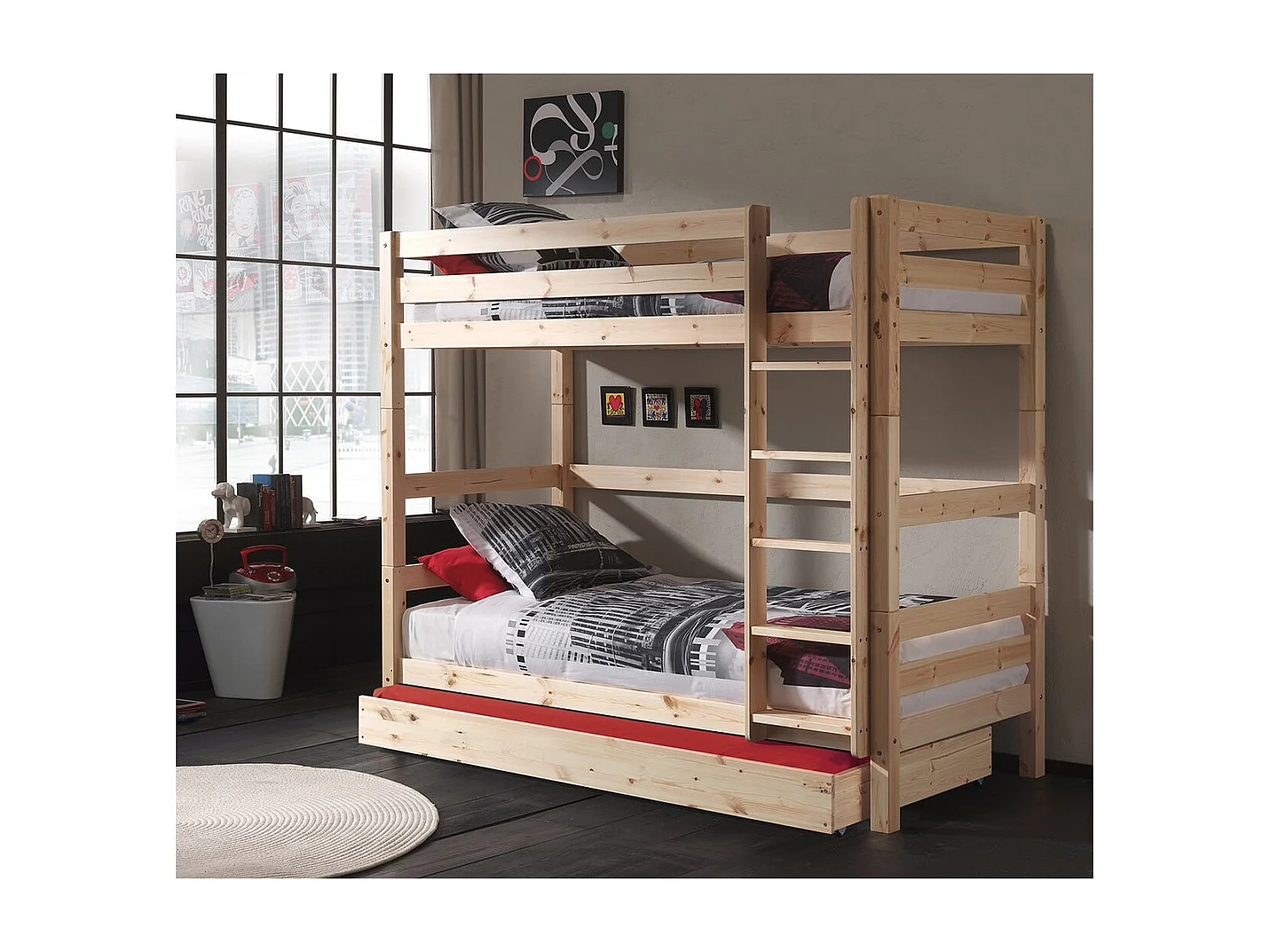 SLEEPY - Lit Superposé H180 en Pin Naturel 90x200cm avec Lit-Tiroir