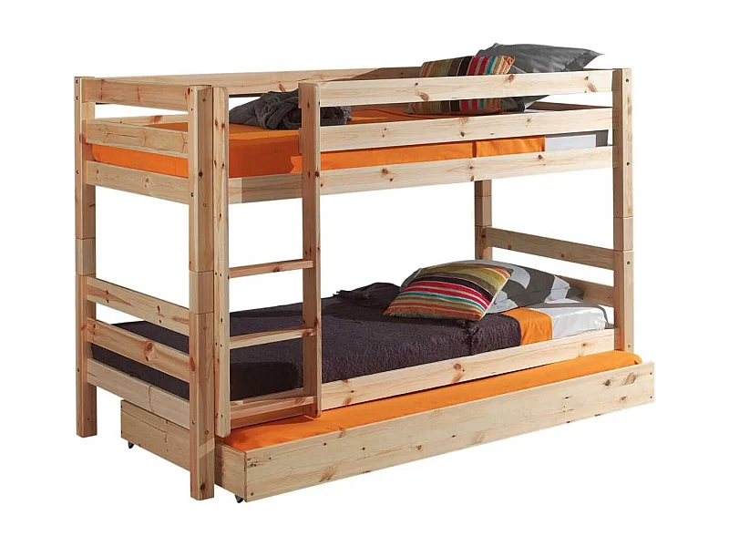 SLEEPY - Lit Superposé H140 en Pin Naturel 90x200cm avec Lit-Tiroir