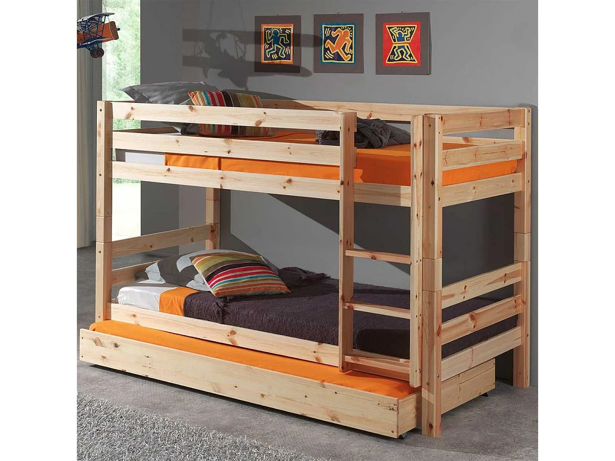 SLEEPY - Lit Superposé H140 en Pin Naturel 90x200cm avec Lit-Tiroir