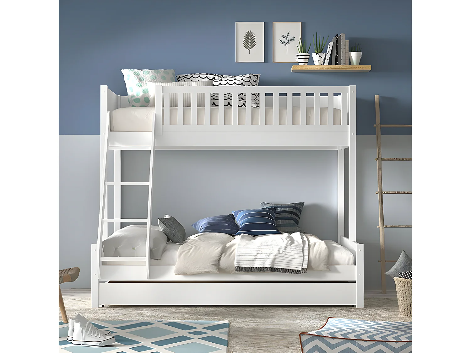 VIVIEN - Lit Superposé Gigogne en Pin Laqué Blanc Couchages 140x200cm et 90x200cm