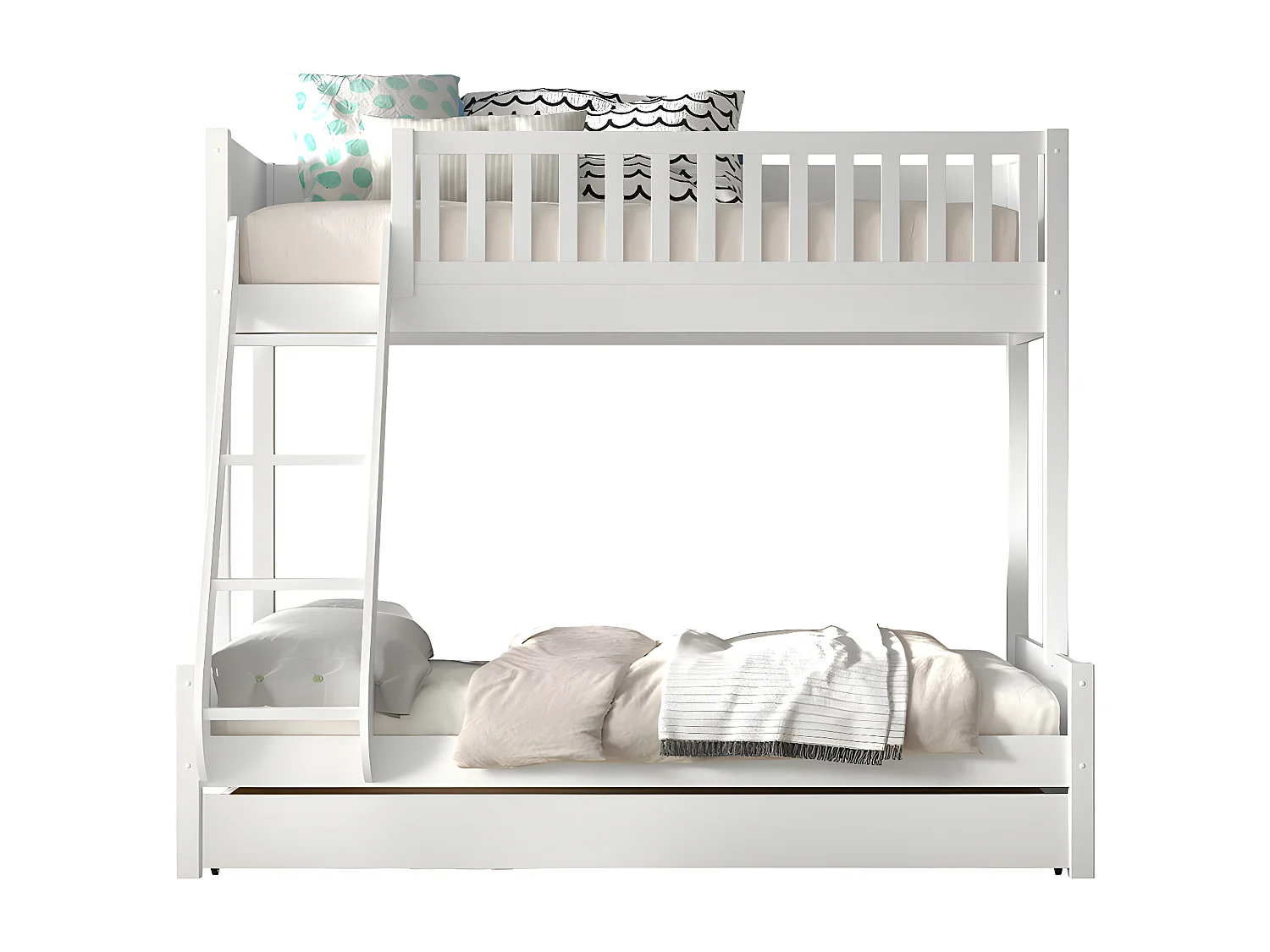 VIVIEN - Lit Superposé Gigogne en Pin Laqué Blanc Couchages 140x200cm et 90x200cm