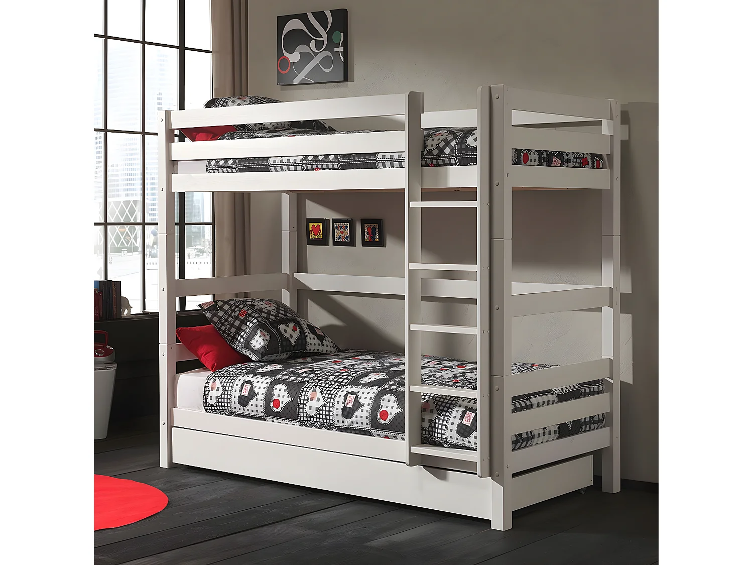 SLEEPY - Lit Superposé H180 Laqué Blanc 90x200cm avec Lit-Tiroir