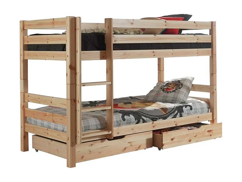 SLEEPY - Lit Superposé H140 en Pin Naturel 90x200cm avec 2 Tiroirs