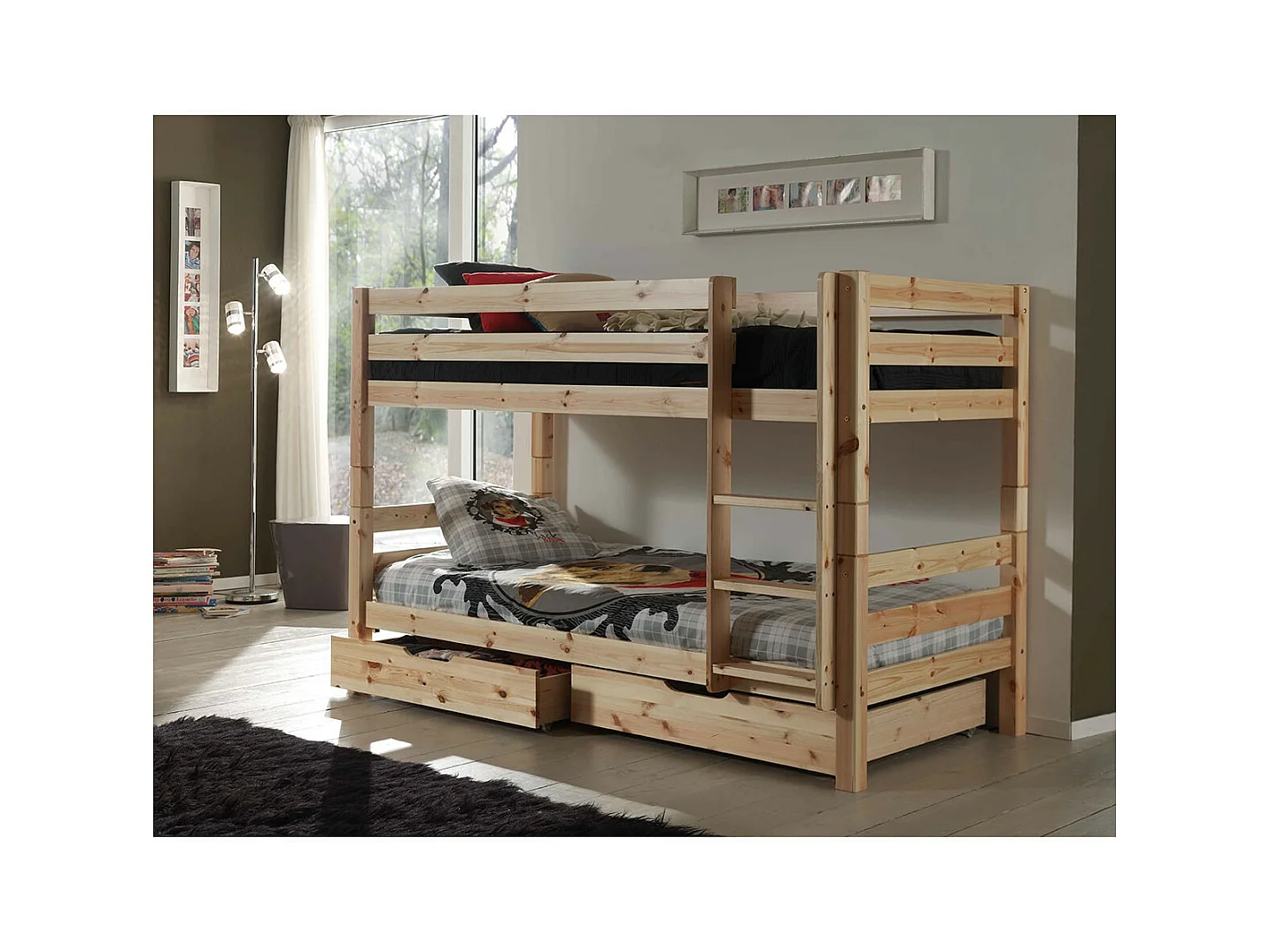 SLEEPY - Lit Superposé H140 en Pin Naturel 90x200cm avec 2 Tiroirs