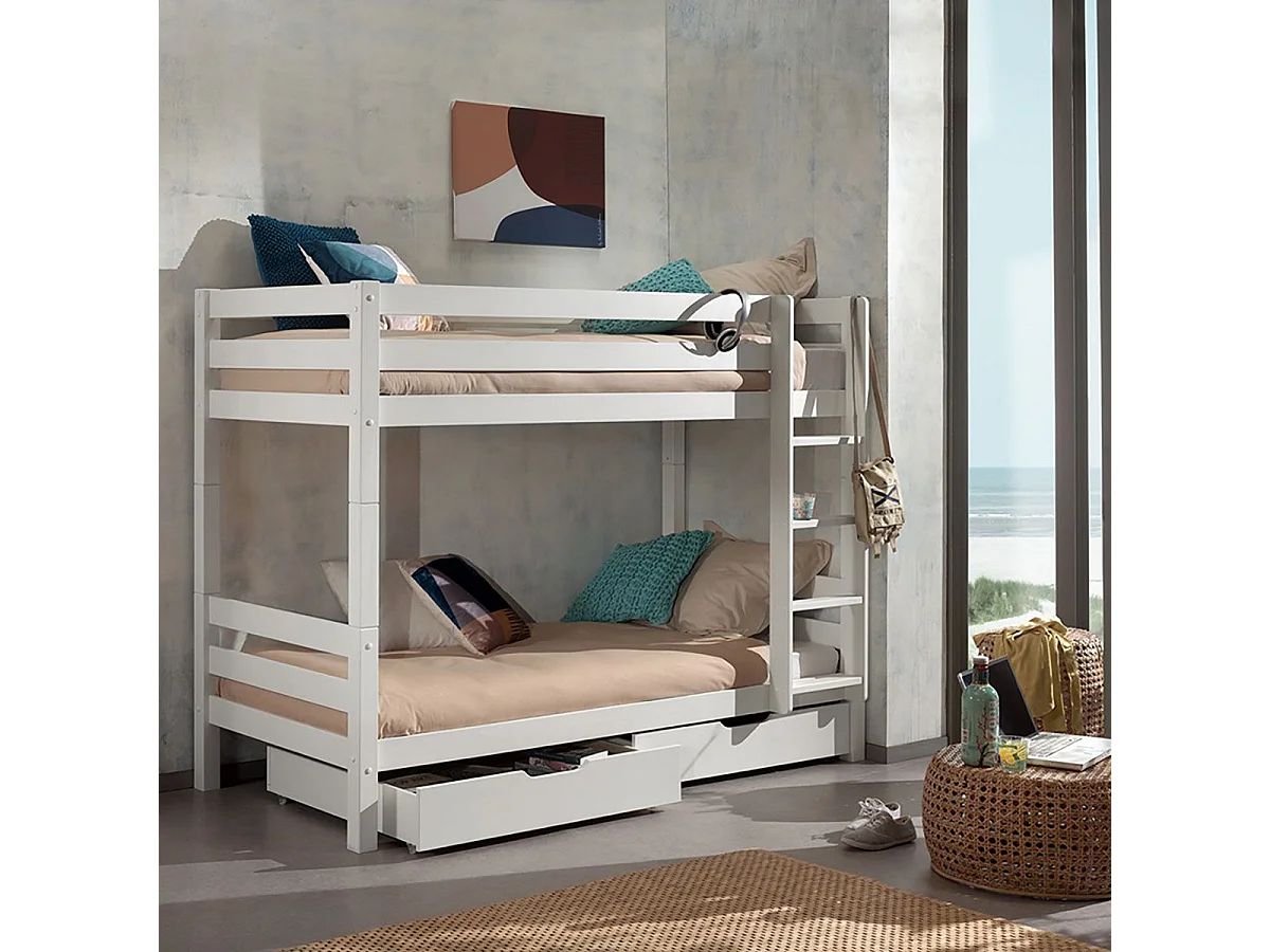 SLEEPY - Lit Superposé H160 Laqué Blanc 90x200cm avec 2 Tiroirs