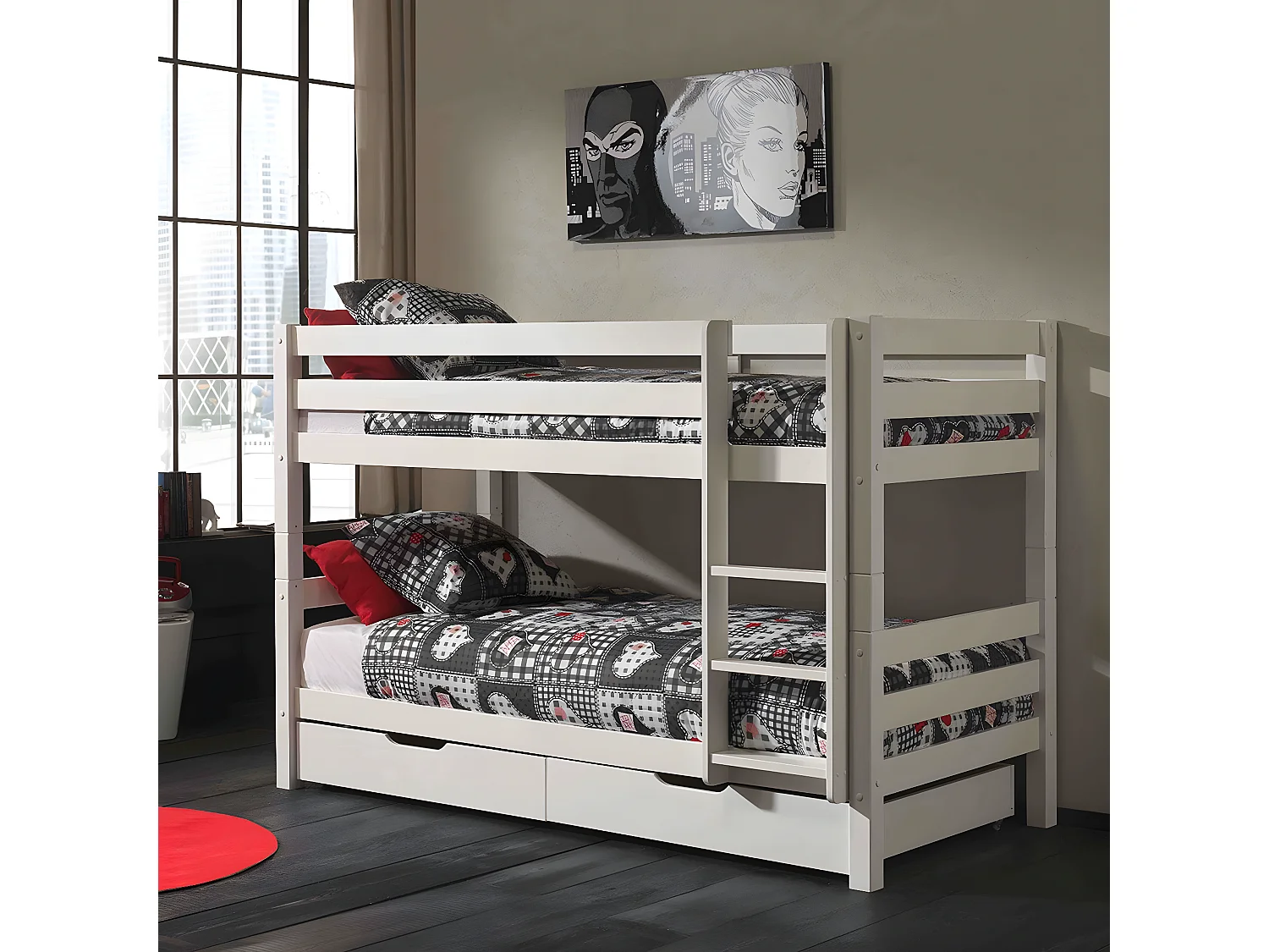 SLEEPY - Lit Superposé H140 Laqué Blanc 90x200cm avec 2 Tiroirs