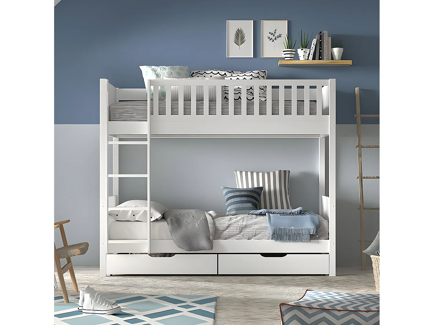 VIVIEN - Lit Superposé en Pin Laqué Blanc 90x200cm avec 2 Tiroirs