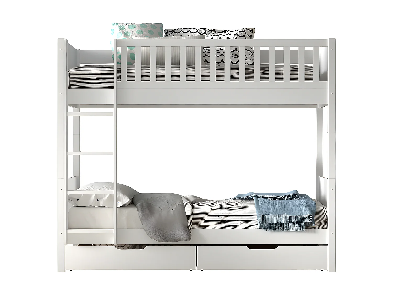 VIVIEN - Lit Superposé en Pin Laqué Blanc 90x200cm avec 2 Tiroirs